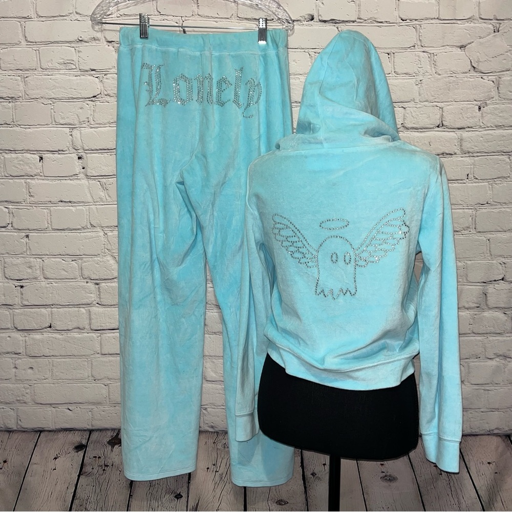 Vintage Y2K Lonely Ghost Blue Velour Bling Rhinestone Tracksuit Matching Set - Picture 15 of 15